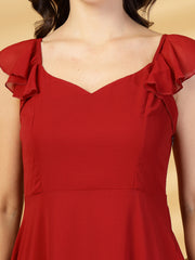 Solid Georgette Fit & Flare Dress Sleeveless, Sweetheart Neck Strape Frill Pattern