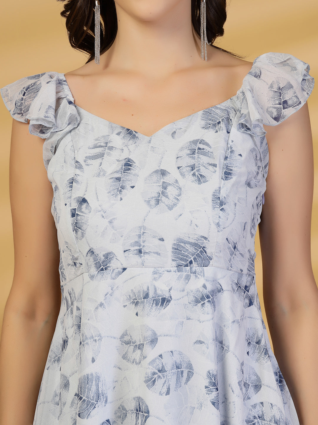 Georgette Printed Long Dress Sleeveless, V Neck Strape Frill Pattern