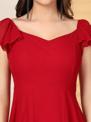 Solid Georgette Fit & Flare Dress Sleeveless, Sweetheart Neck Strape Frill Pattern