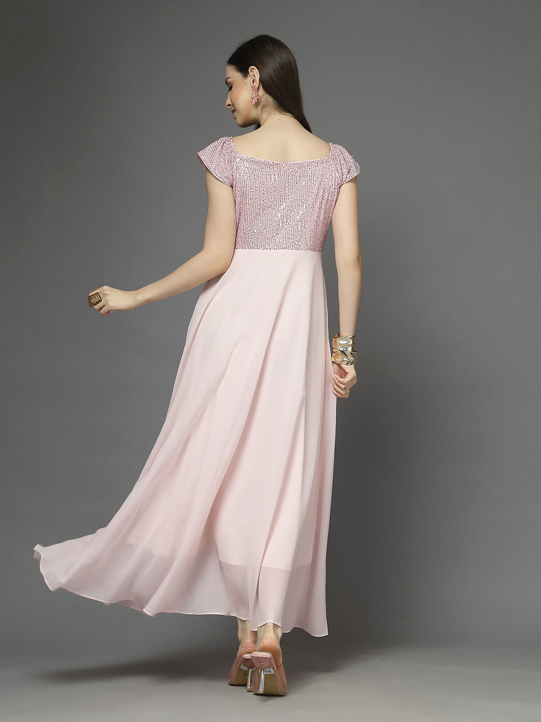 Zara Solid Sequin Fit & Flare Dress Sleeveless, Sweetheart Neck Strape Frill Pattern