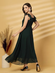 Solid Georgette Fit & Flare Dress Sleeveless, Sweetheart Neck Strape Frill Pattern