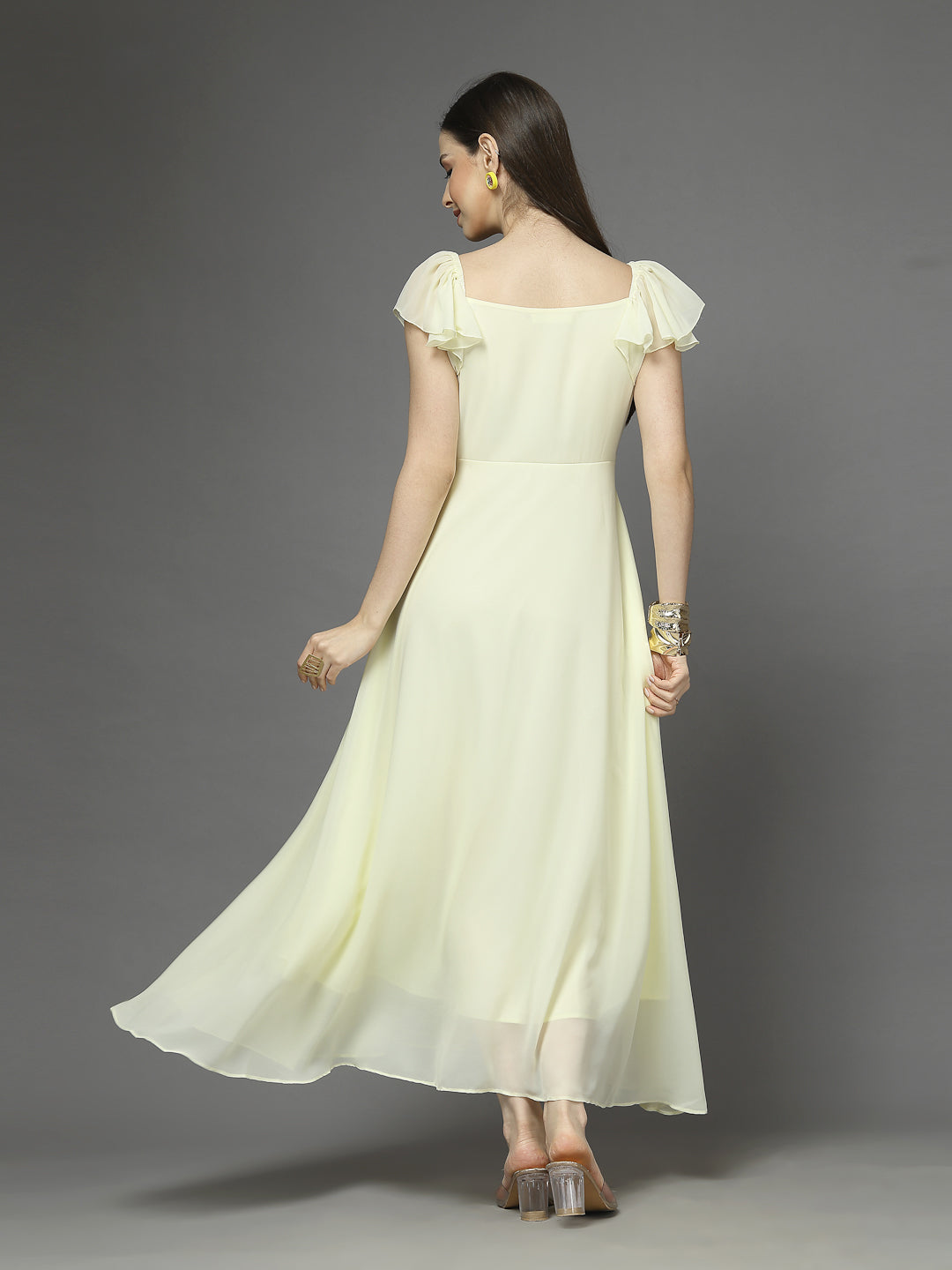 Solid Georgette Fit & Flare Dress Sleeveless, Sweetheart Neck Strape Frill Pattern