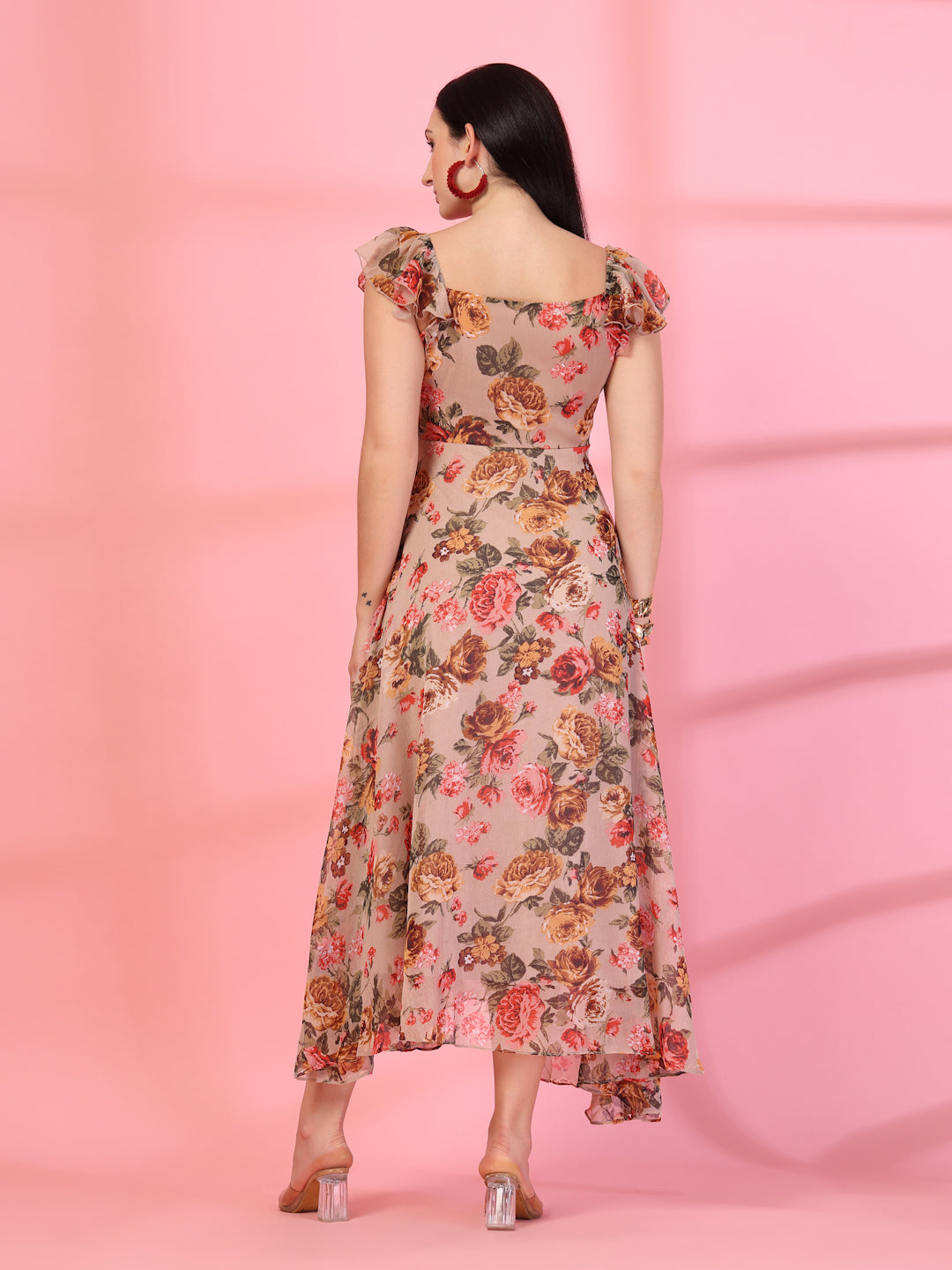 Georgette Printed Long Dress Sleeveless, V Neck Strape Frill Pattern