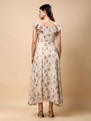 Georgette Printed Long Dress Sleeveless, V Neck Strape Frill Pattern