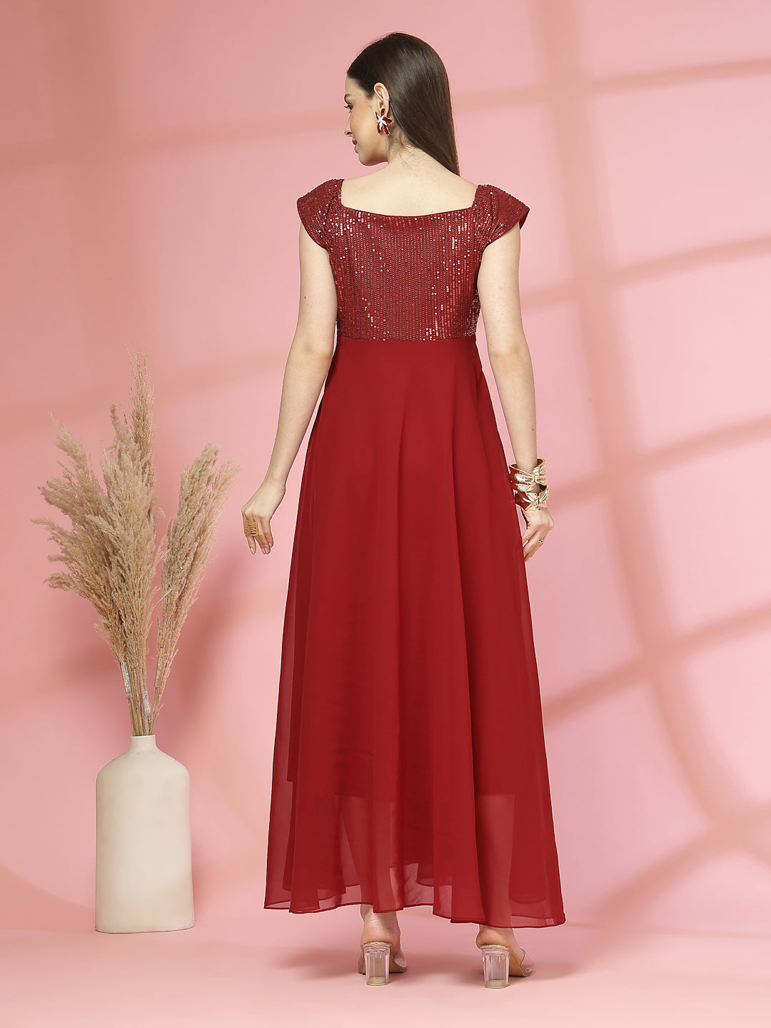 Zara Solid Sequin Fit & Flare Dress Sleeveless, Sweetheart Neck Strape Frill Pattern