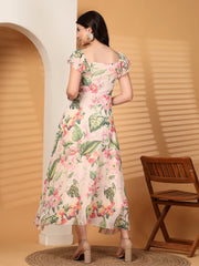 Georgette Printed Long Dress Sleeveless, V Neck Strape Frill Pattern