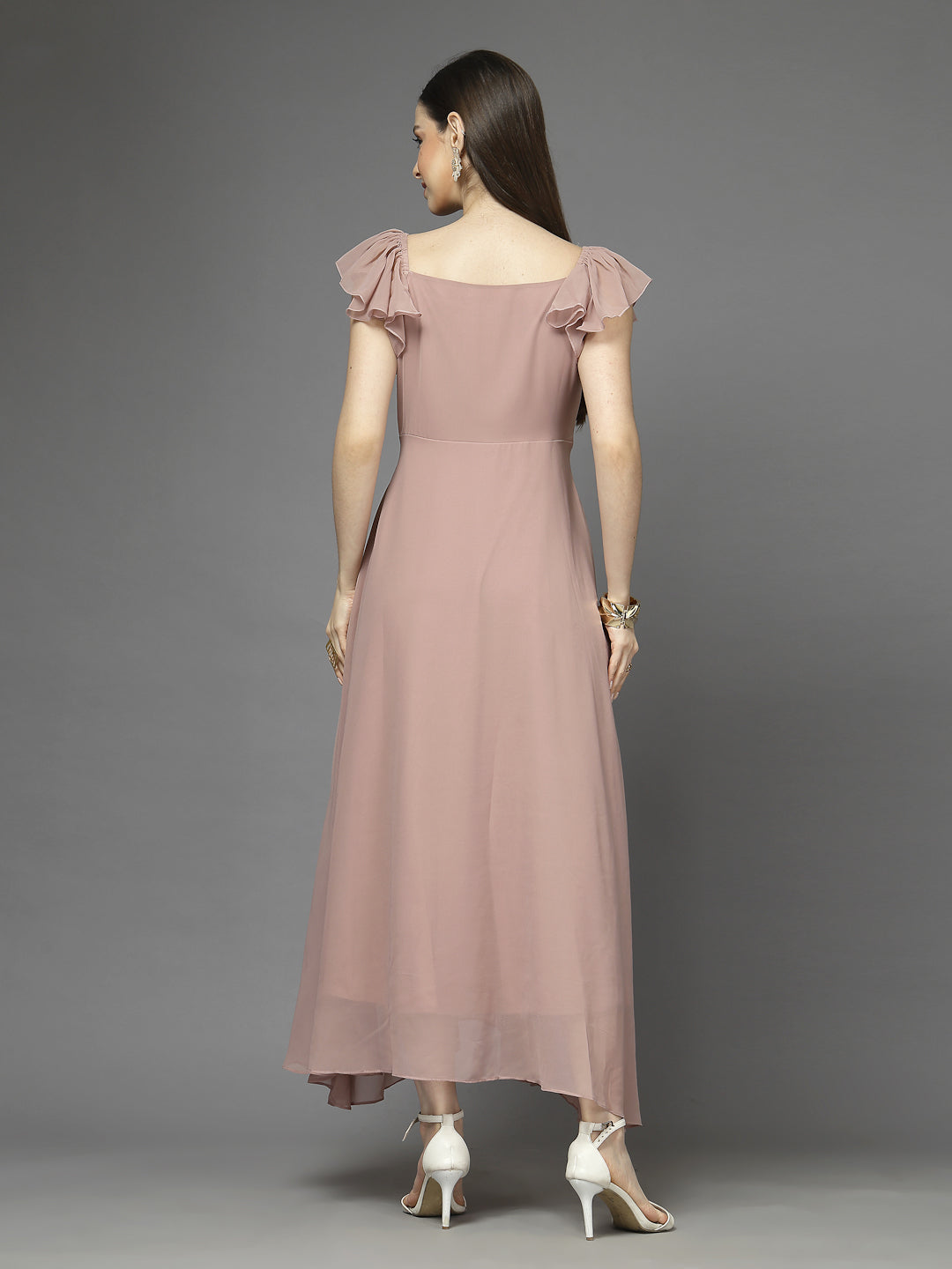 Solid Georgette Fit & Flare Dress Sleeveless, Sweetheart Neck Strape Frill Pattern
