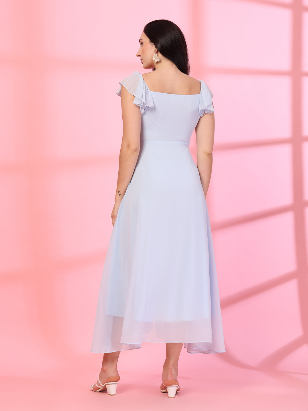 Solid Georgette Fit & Flare Dress Sleeveless, Sweetheart Neck Strape Frill Pattern