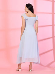 Solid Georgette Fit & Flare Dress Sleeveless, Sweetheart Neck Strape Frill Pattern