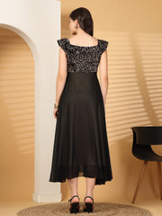 Zara Solid Sequin Fit & Flare Dress Sleeveless, Sweetheart Neck Strape Frill Pattern