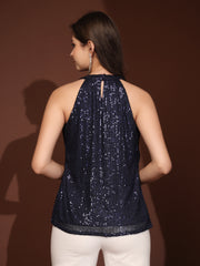 Women Solid Color Embellished Round Neck Party Wear Top