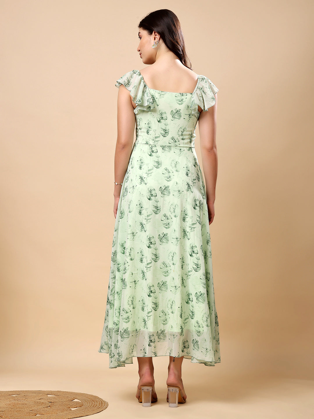 Georgette Printed Long Dress Sleeveless, V Neck Strape Frill Pattern