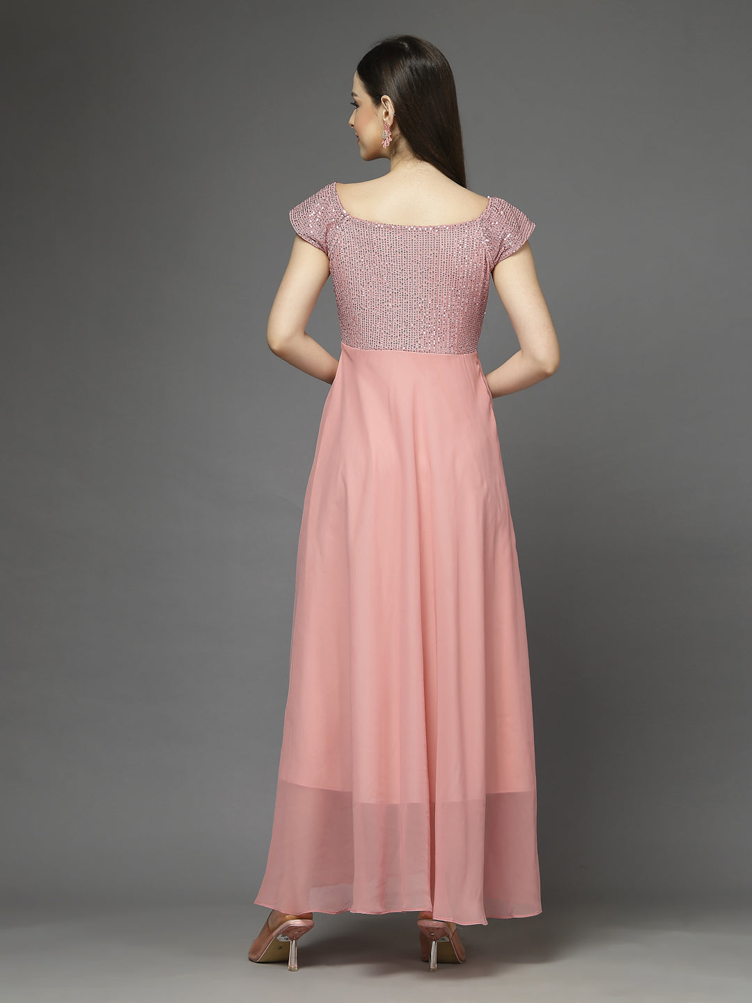 Zara Solid Sequin Fit & Flare Dress Sleeveless, Sweetheart Neck Strape Frill Pattern