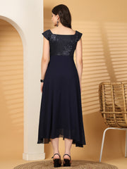 Zara Solid Sequin Fit & Flare Dress Sleeveless, Sweetheart Neck Strape Frill Pattern