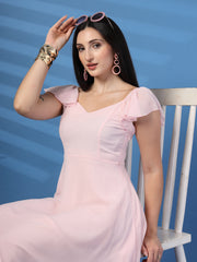 Solid Georgette Fit & Flare Dress Sleeveless, Sweetheart Neck Strape Frill Pattern