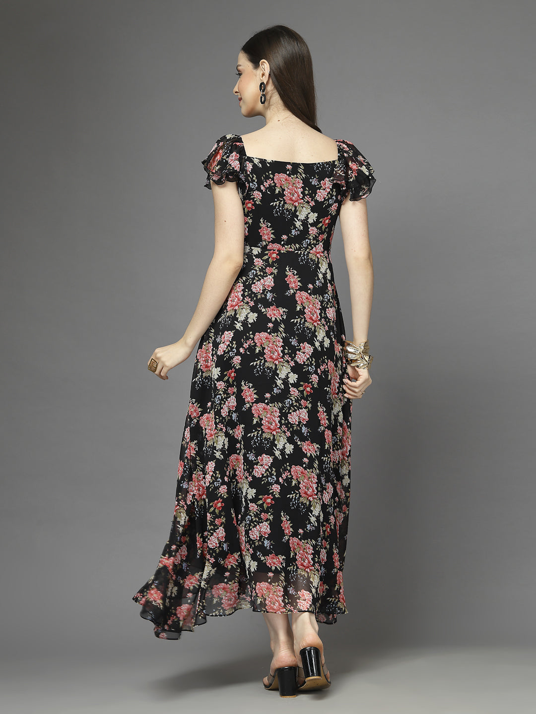 Georgette Printed Long Dress Sleeveless, V Neck Strape Frill Pattern