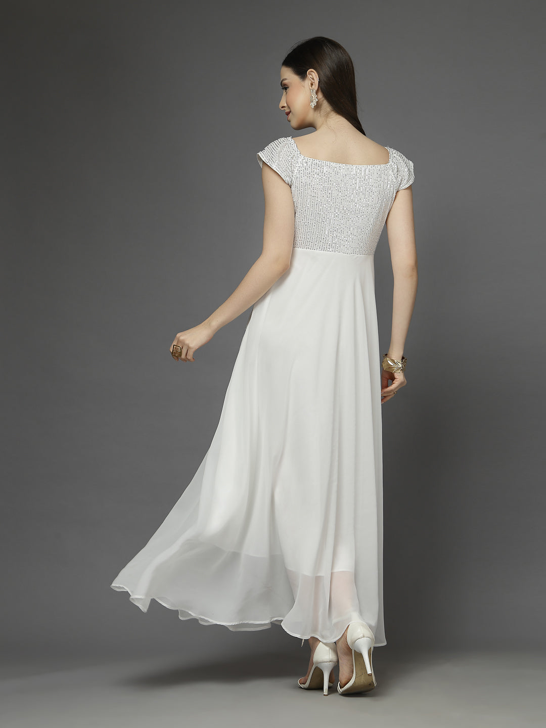 Zara Solid Sequin Fit & Flare Dress Sleeveless, Sweetheart Neck Strape Frill Pattern