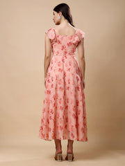 Georgette Printed Long Dress Sleeveless, V Neck Strape Frill Pattern