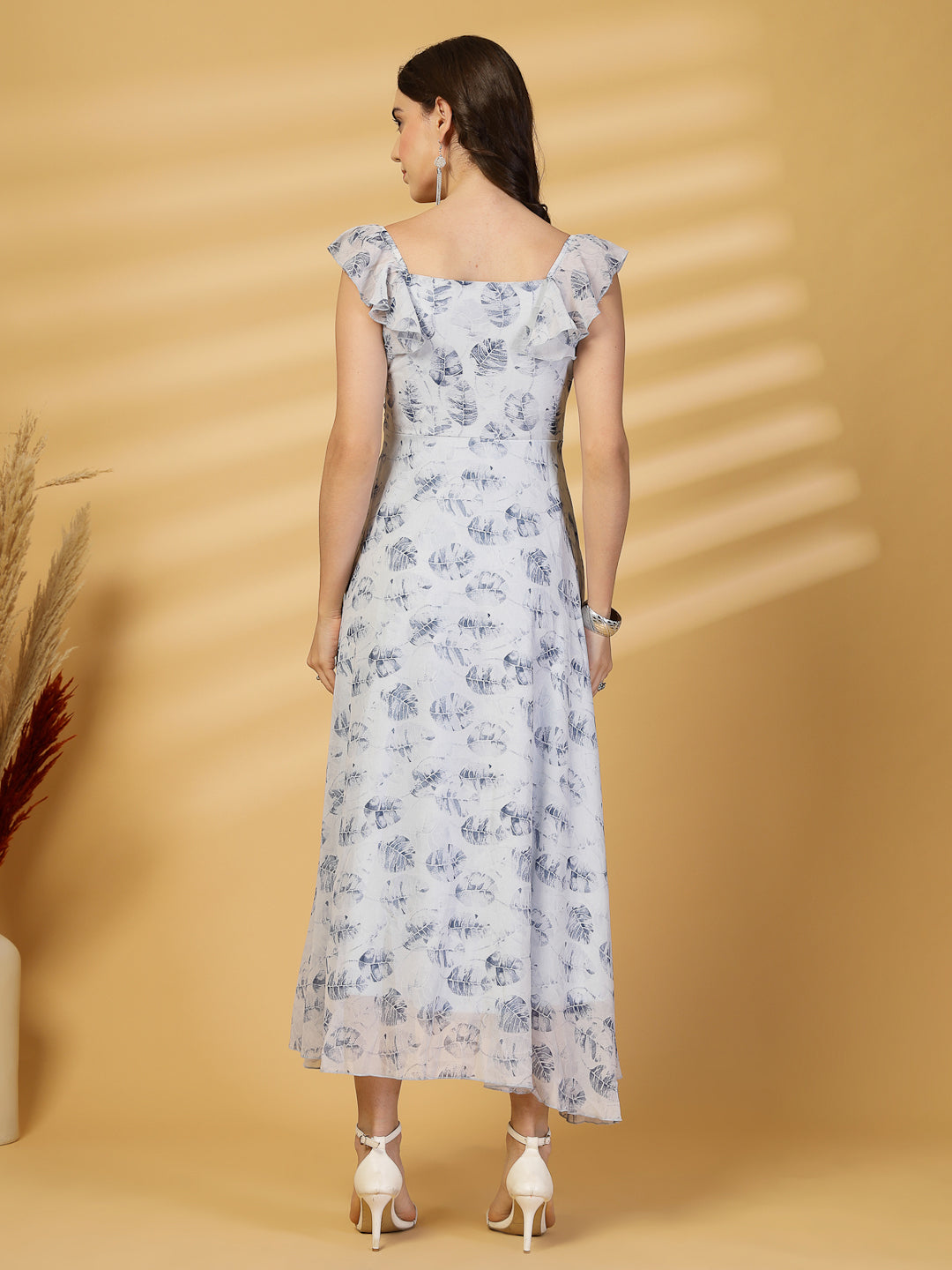 Georgette Printed Long Dress Sleeveless, V Neck Strape Frill Pattern