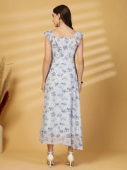 Georgette Printed Long Dress Sleeveless, V Neck Strape Frill Pattern