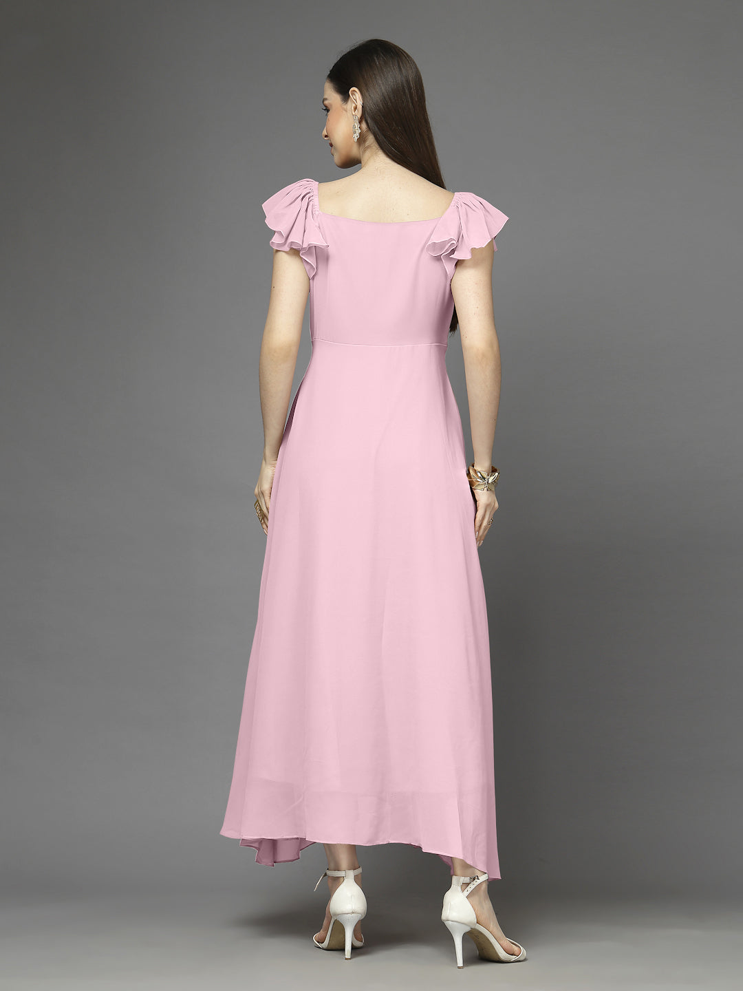 Solid Georgette Fit & Flare Dress Sleeveless, Sweetheart Neck Strape Frill Pattern