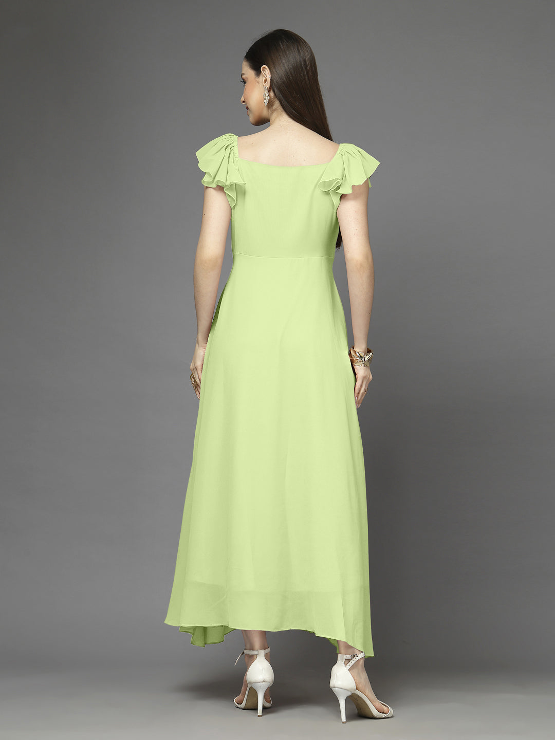 Solid Georgette Fit & Flare Dress Sleeveless, Sweetheart Neck Strape Frill Pattern