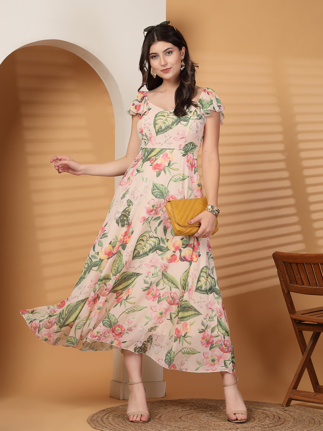Georgette Printed Long Dress Sleeveless, V Neck Strape Frill Pattern