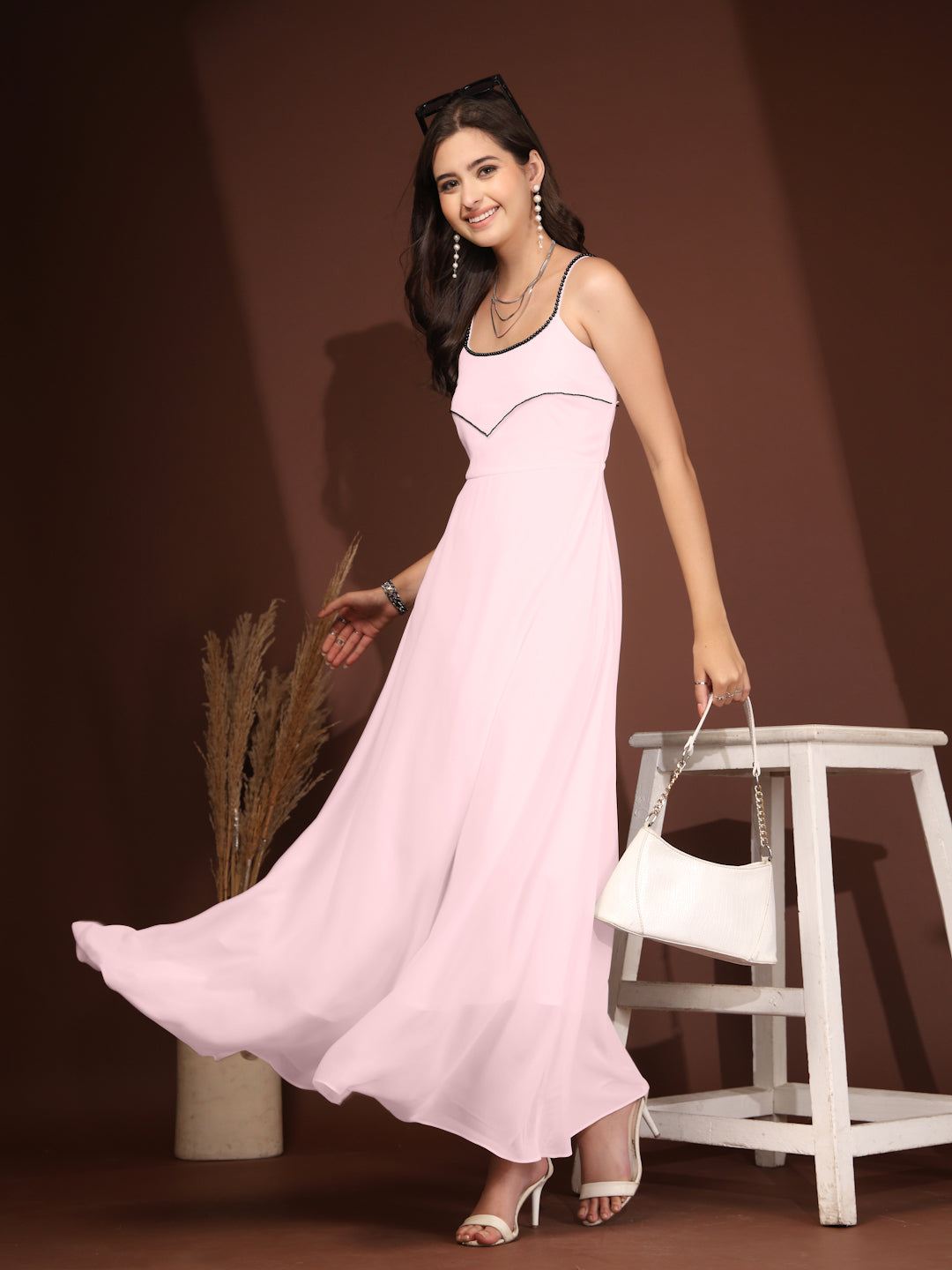 Solid Georgette Dress, Sleeveless, Striped Embroidery Pattern