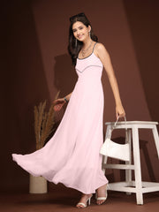 Solid Georgette Dress, Sleeveless, Striped Embroidery Pattern