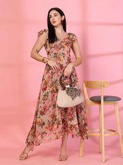 Georgette Printed Long Dress Sleeveless, V Neck Strape Frill Pattern