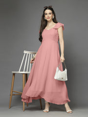 Solid Georgette Fit & Flare Dress Sleeveless, Sweetheart Neck Strape Frill Pattern