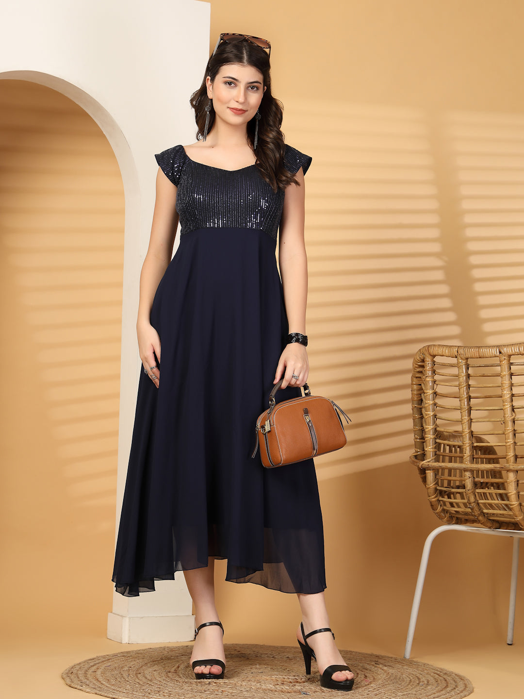 Zara Solid Sequin Fit & Flare Dress Sleeveless, Sweetheart Neck Strape Frill Pattern