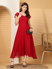 Solid Georgette Fit & Flare Dress Sleeveless, Sweetheart Neck Strape Frill Pattern