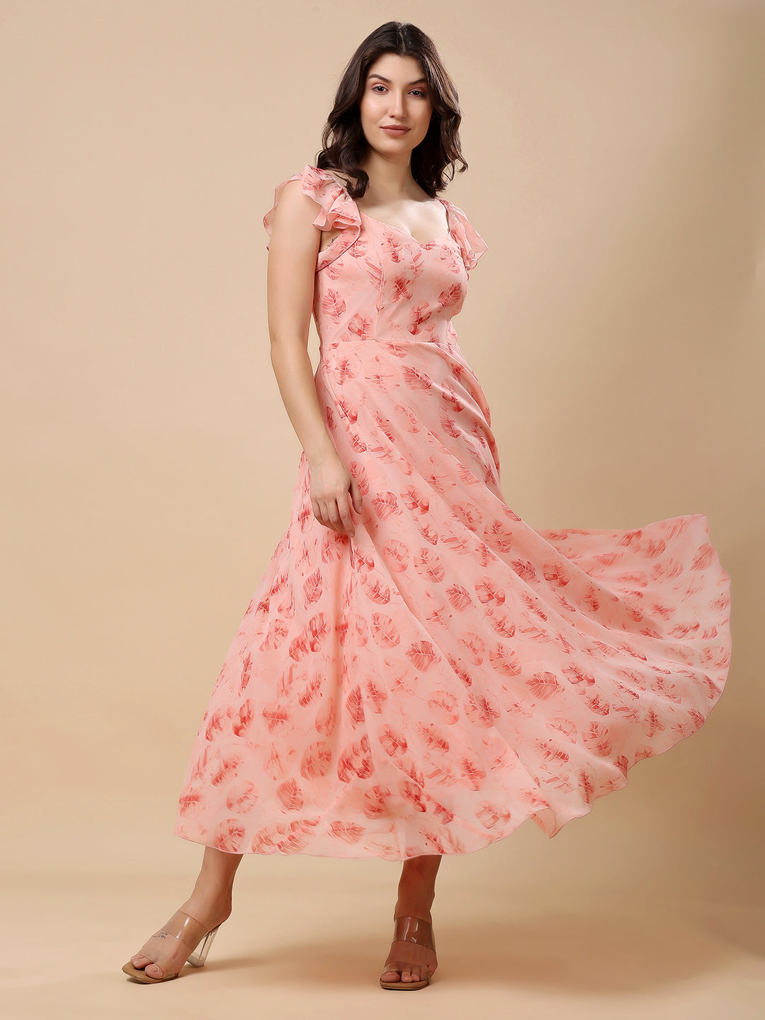 Georgette Printed Long Dress Sleeveless, V Neck Strape Frill Pattern