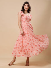 Georgette Printed Long Dress Sleeveless, V Neck Strape Frill Pattern