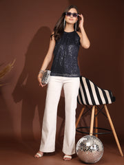 Women Solid Color Embellished Round Neck Party Wear Top