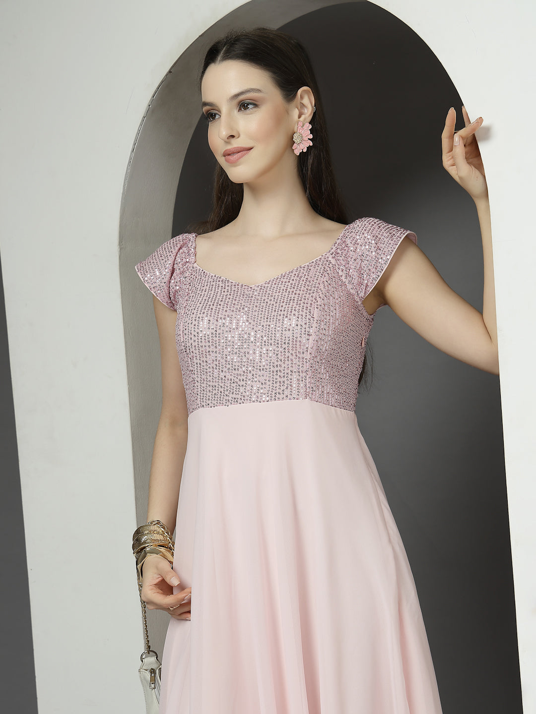 Zara Solid Sequin Fit & Flare Dress Sleeveless, Sweetheart Neck Strape Frill Pattern