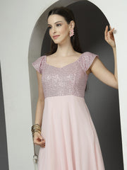 Zara Solid Sequin Fit & Flare Dress Sleeveless, Sweetheart Neck Strape Frill Pattern