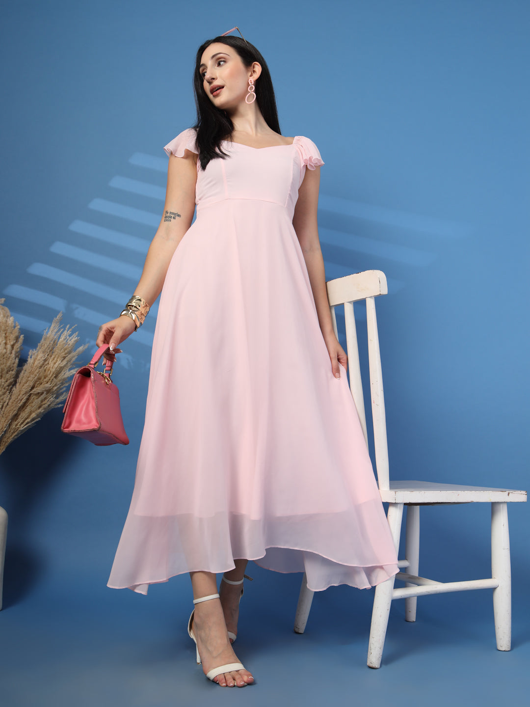 Solid Georgette Fit & Flare Dress Sleeveless, Sweetheart Neck Strape Frill Pattern