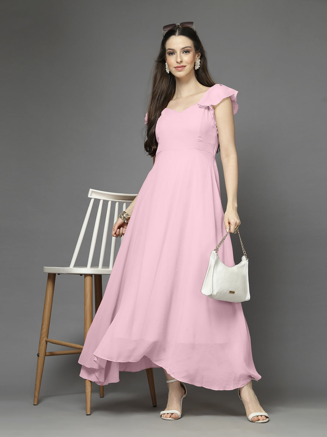 Solid Georgette Fit & Flare Dress Sleeveless, Sweetheart Neck Strape Frill Pattern