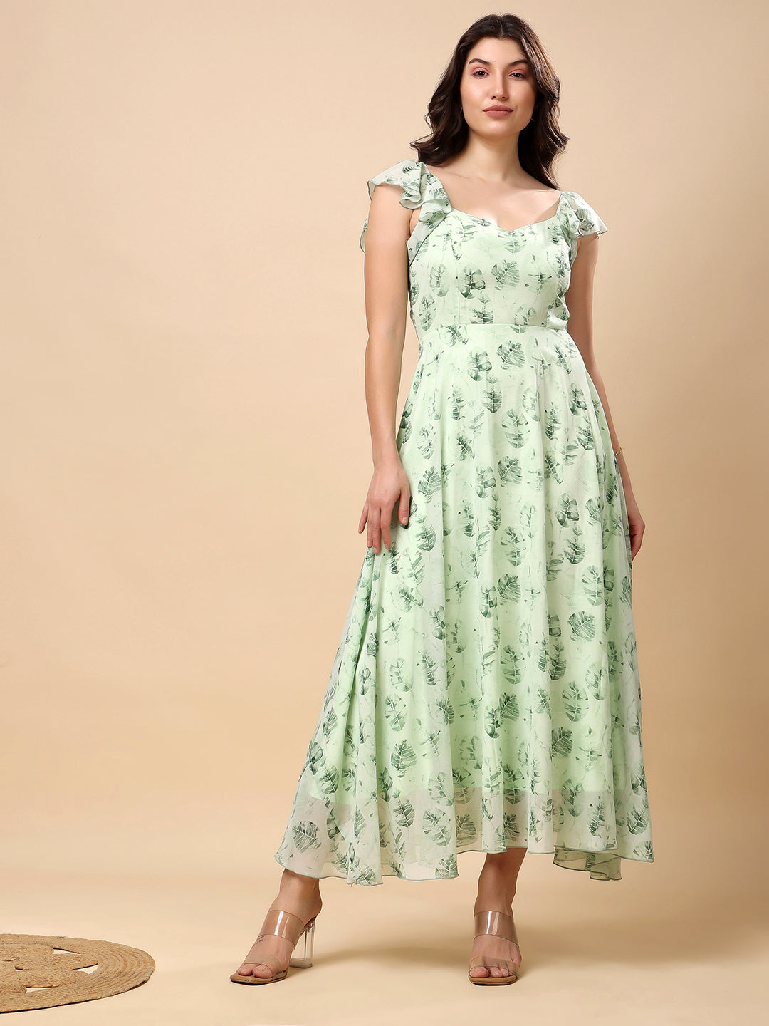 Georgette Printed Long Dress Sleeveless, V Neck Strape Frill Pattern
