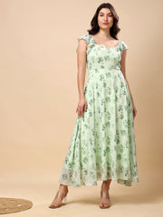 Georgette Printed Long Dress Sleeveless, V Neck Strape Frill Pattern