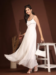 Solid Georgette Dress, Sleeveless, Striped Embroidery Pattern