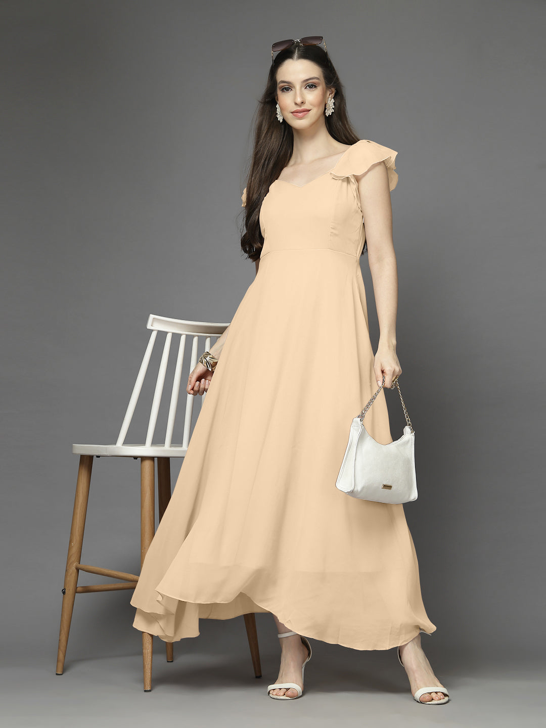 Solid Georgette Fit & Flare Dress Sleeveless, Sweetheart Neck Strape Frill Pattern