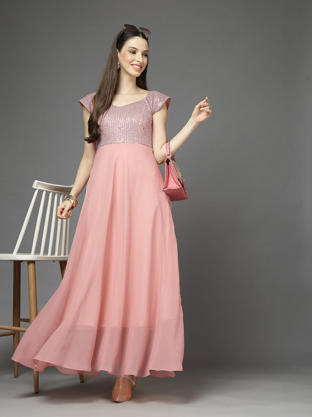 Zara Solid Sequin Fit & Flare Dress Sleeveless, Sweetheart Neck Strape Frill Pattern