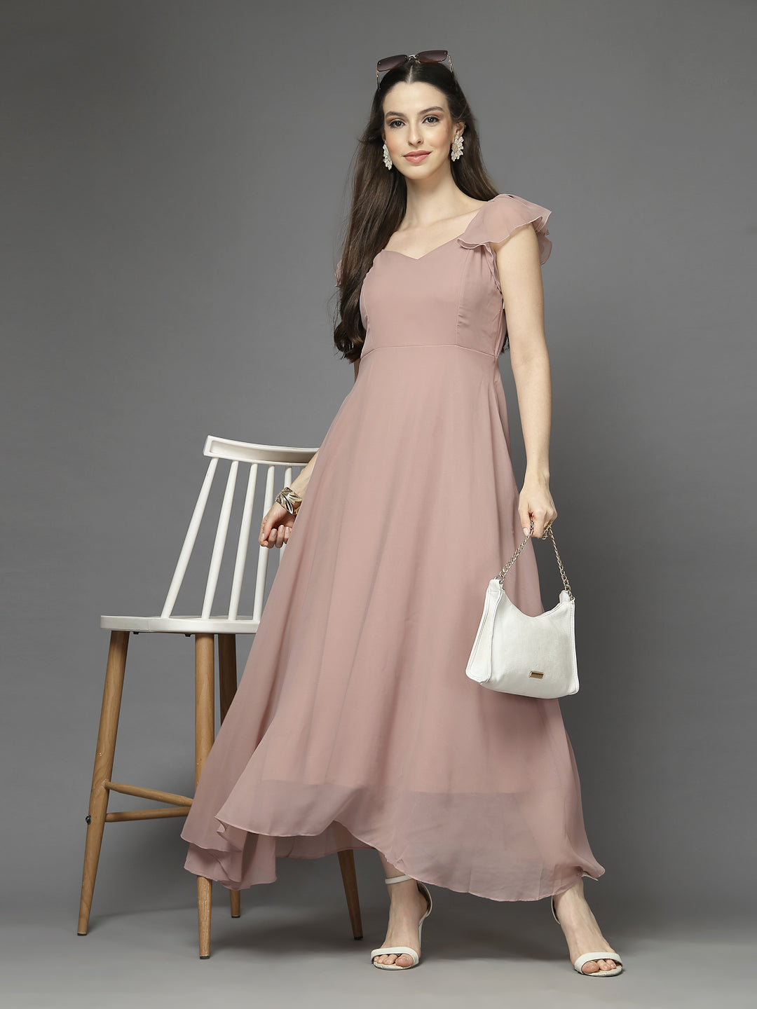 Solid Georgette Fit & Flare Dress Sleeveless, Sweetheart Neck Strape Frill Pattern