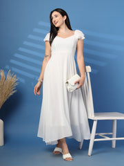 Solid Georgette Fit & Flare Dress Sleeveless, Sweetheart Neck Strape Frill Pattern