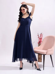 Solid Georgette Fit & Flare Dress Sleeveless, Sweetheart Neck Strape Frill Pattern