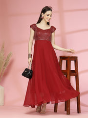 Zara Solid Sequin Fit & Flare Dress Sleeveless, Sweetheart Neck Strape Frill Pattern