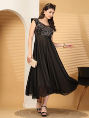 Zara Solid Sequin Fit & Flare Dress Sleeveless, Sweetheart Neck Strape Frill Pattern